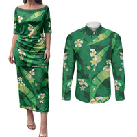 Green Banana Leaf Hawaii Couples Matching Puletasi and Long Sleeve Button Shirt Lau Maia Plumeria Tropical Summer Vibes LT14 Green - Polynesian Pride