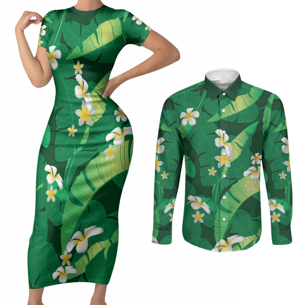 Green Banana Leaf Hawaii Couples Matching Short Sleeve Bodycon Dress and Long Sleeve Button Shirt Lau Maia Plumeria Tropical Summer Vibes LT14 Green - Polynesian Pride