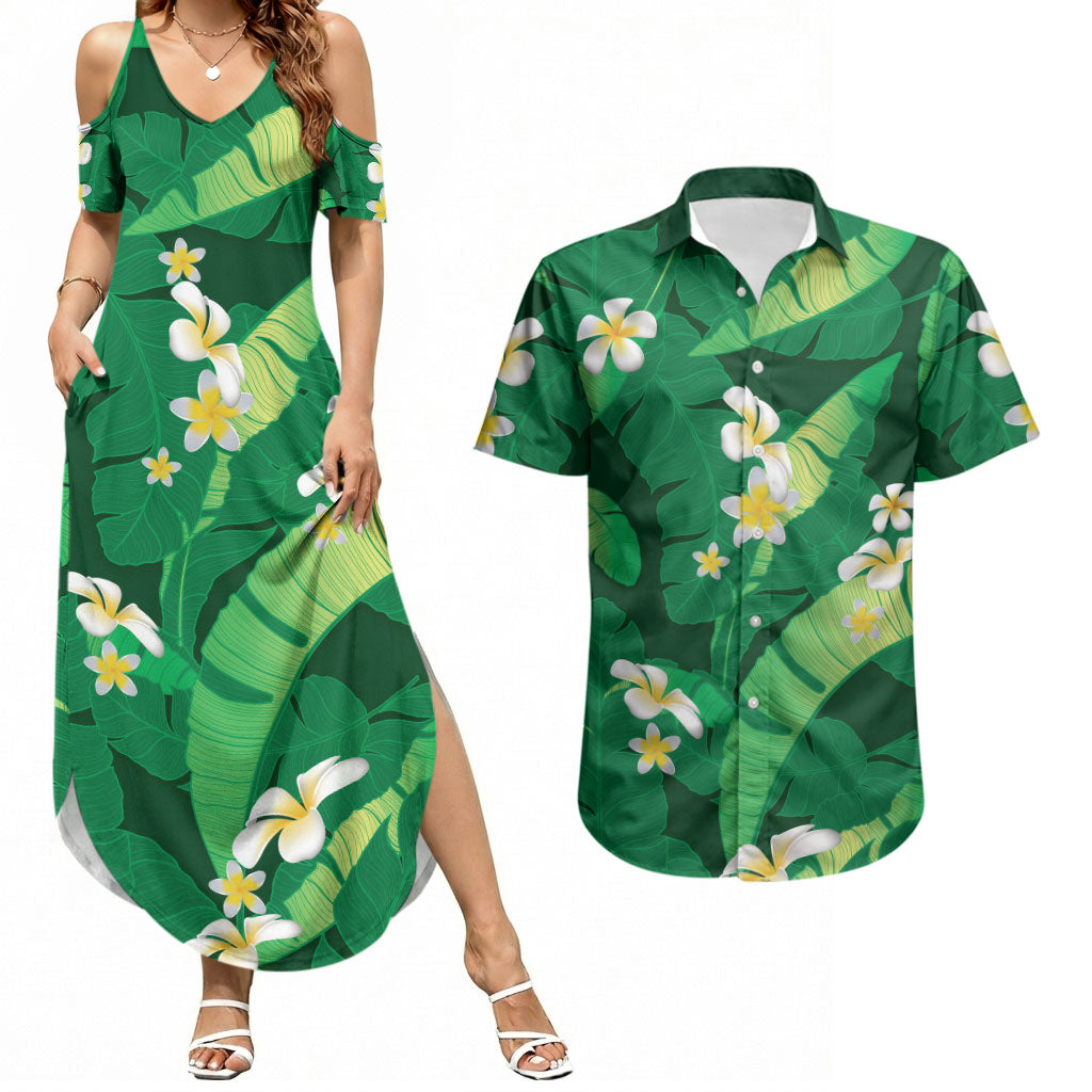 Green Banana Leaf Hawaii Couples Matching Summer Maxi Dress and Hawaiian Shirt Lau Maia Plumeria Tropical Summer Vibes LT14 Green - Polynesian Pride