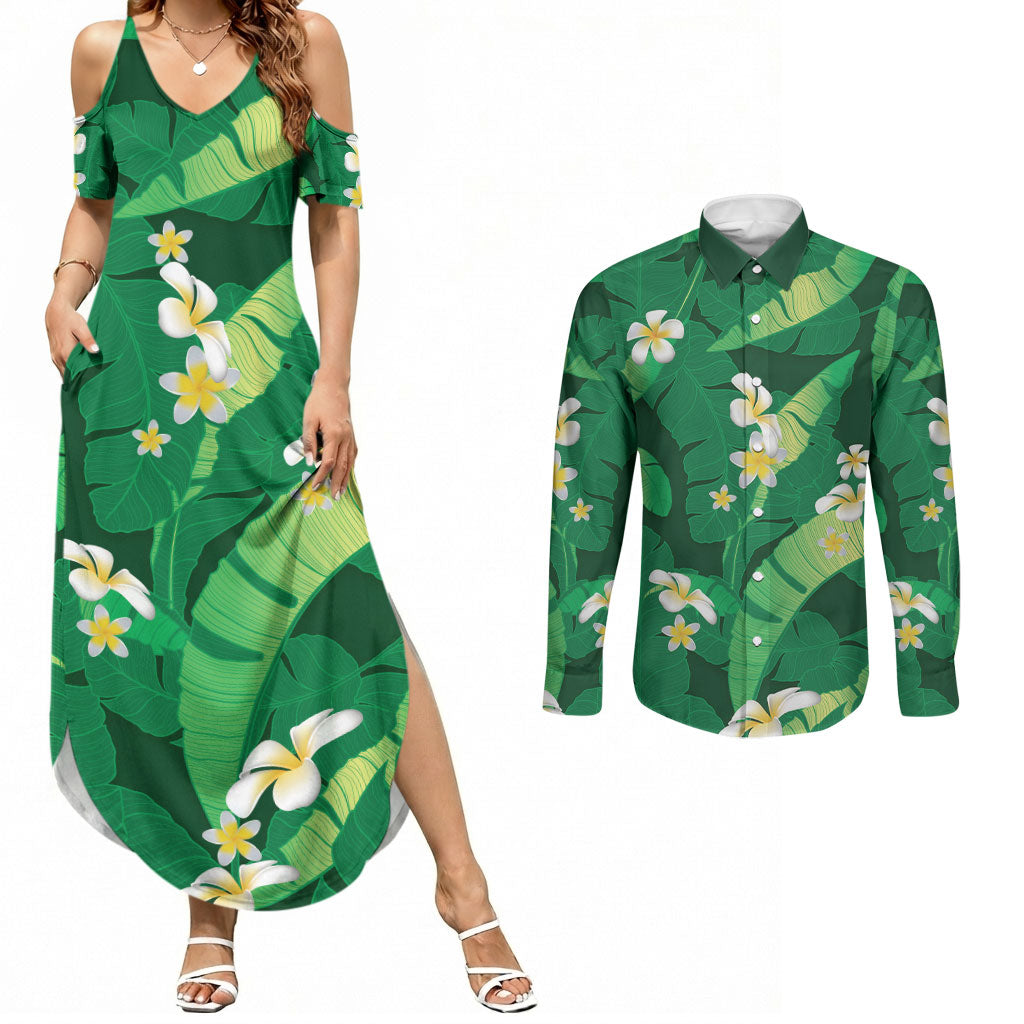 Green Banana Leaf Hawaii Couples Matching Summer Maxi Dress and Long Sleeve Button Shirt Lau Maia Plumeria Tropical Summer Vibes LT14 Green - Polynesian Pride