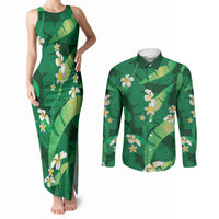 Green Banana Leaf Hawaii Couples Matching Tank Maxi Dress and Long Sleeve Button Shirt Lau Maia Plumeria Tropical Summer Vibes LT14 Green - Polynesian Pride