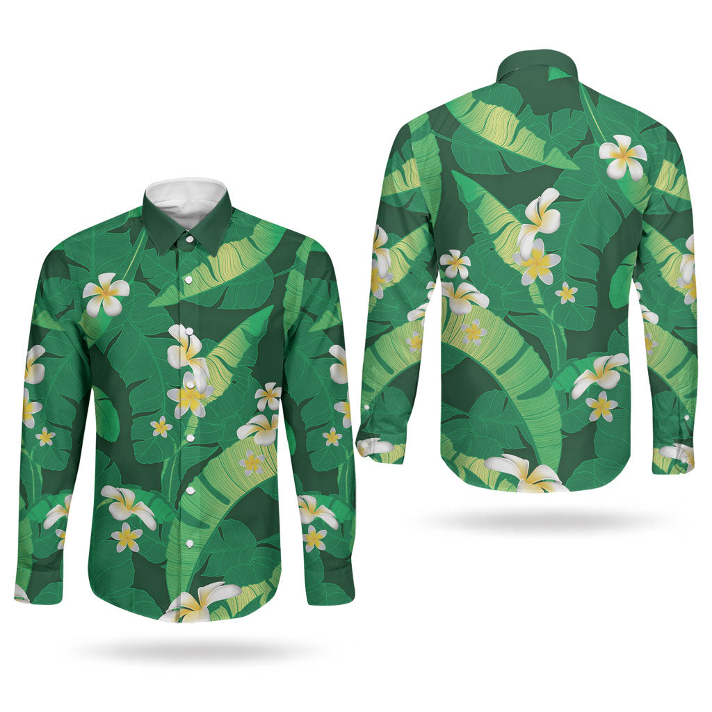 Green Banana Leaf Hawaii Couples Matching Tank Maxi Dress and Long Sleeve Button Shirt Lau Maia Plumeria Tropical Summer Vibes LT14 - Polynesian Pride