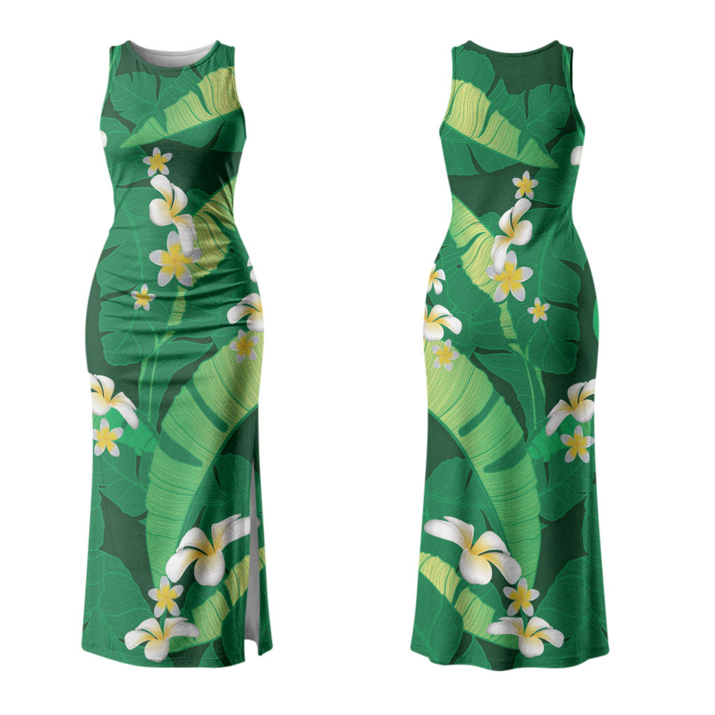 Green Banana Leaf Hawaii Couples Matching Tank Maxi Dress and Long Sleeve Button Shirt Lau Maia Plumeria Tropical Summer Vibes LT14 - Polynesian Pride