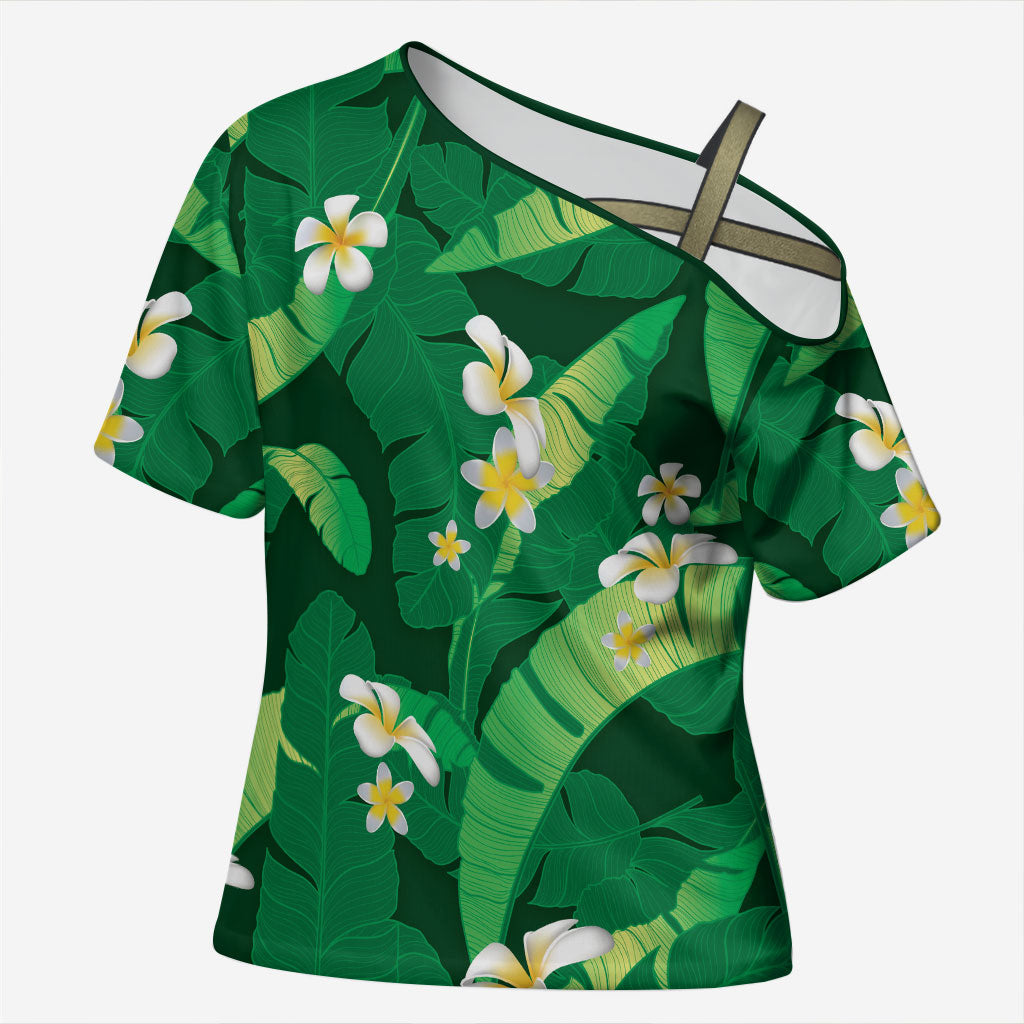 Green Banana Leaf Hawaii Cross Shoulder Shirt Lau Maia Plumeria Tropical Summer Vibes LT14 Female Green - Polynesian Pride