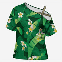 Green Banana Leaf Hawaii Cross Shoulder Shirt Lau Maia Plumeria Tropical Summer Vibes LT14 Female Green - Polynesian Pride