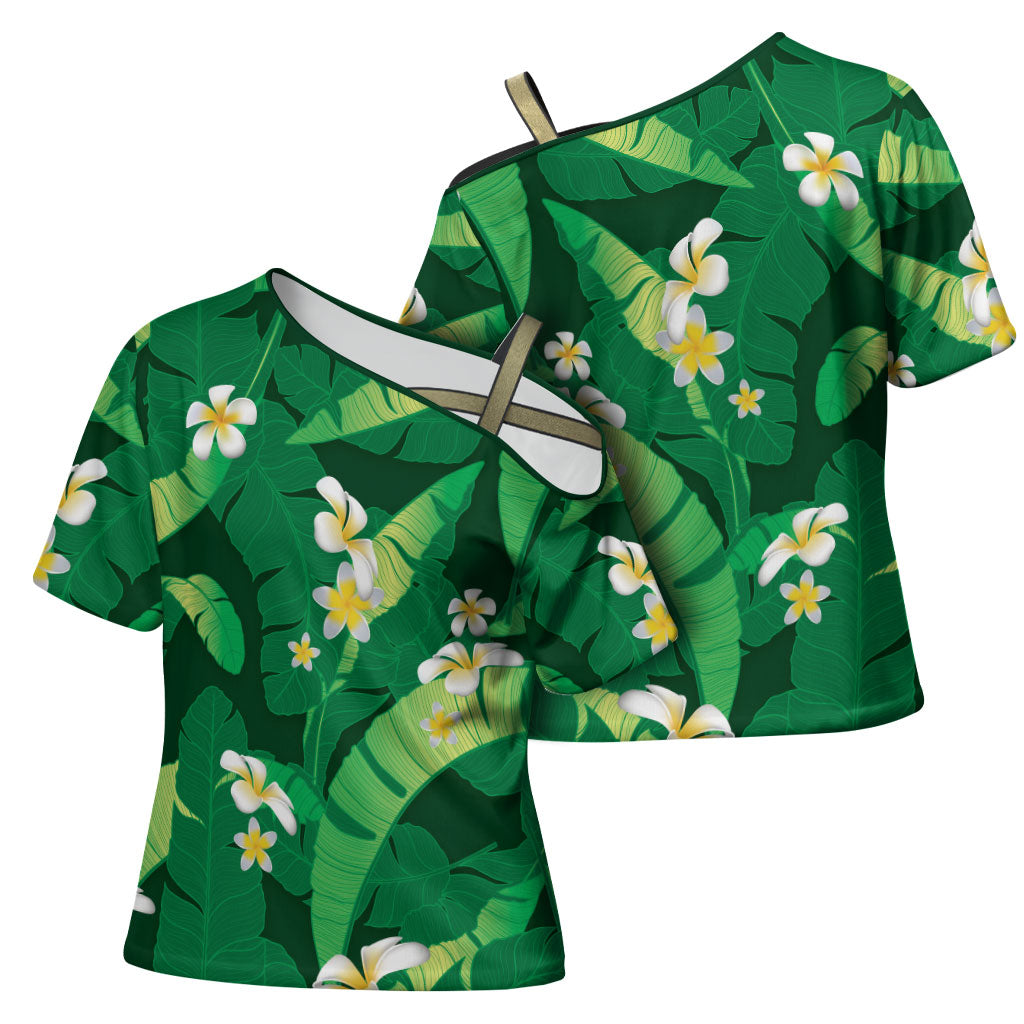Green Banana Leaf Hawaii Cross Shoulder Shirt Lau Maia Plumeria Tropical Summer Vibes LT14 - Polynesian Pride