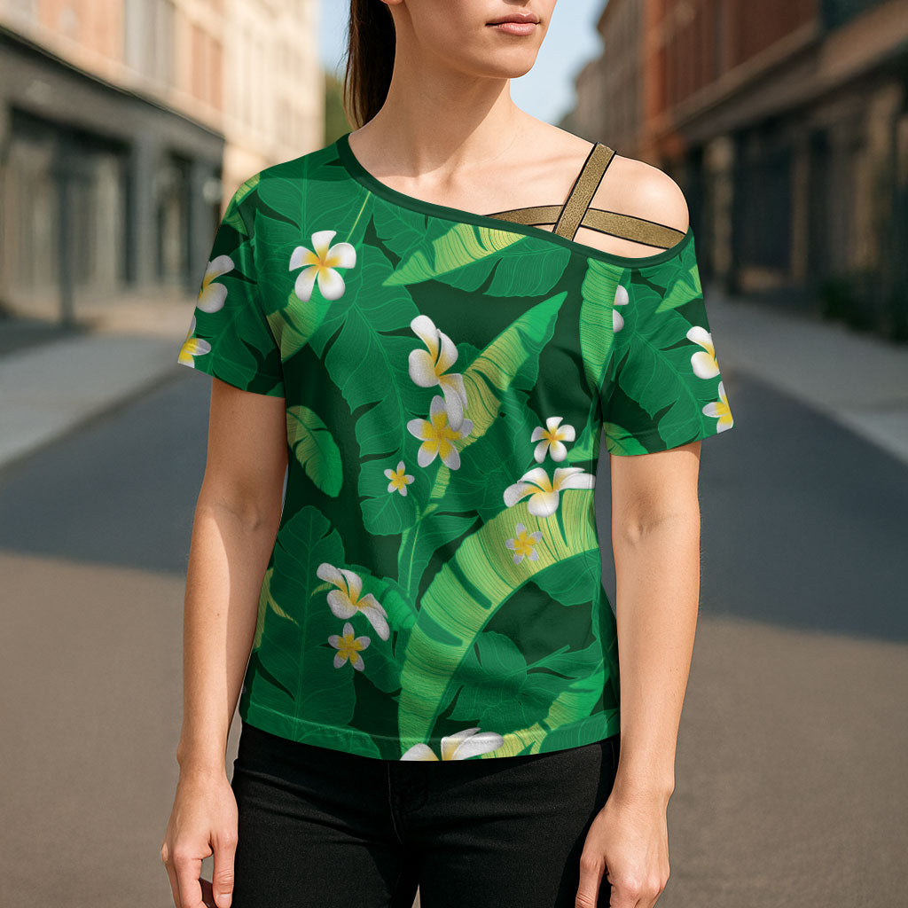 Green Banana Leaf Hawaii Cross Shoulder Shirt Lau Maia Plumeria Tropical Summer Vibes LT14 - Polynesian Pride