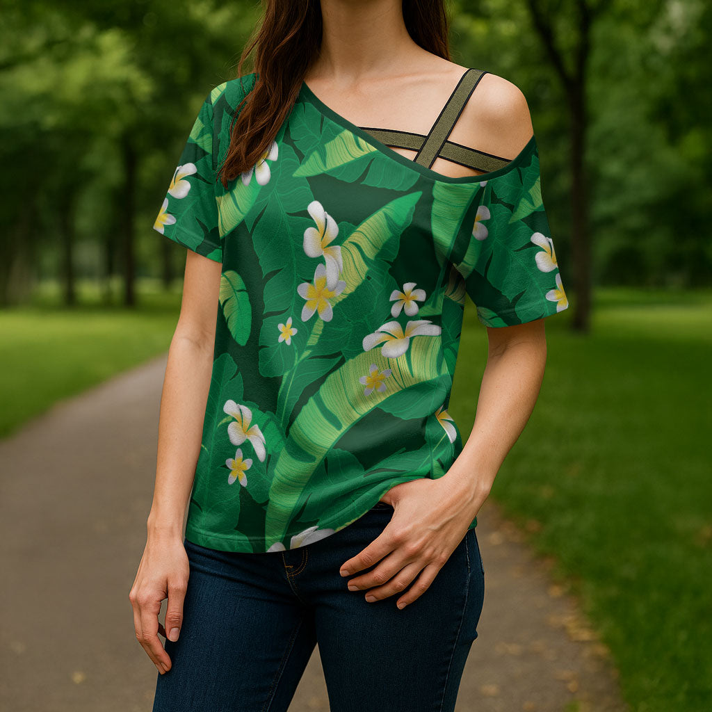 Green Banana Leaf Hawaii Cross Shoulder Shirt Lau Maia Plumeria Tropical Summer Vibes LT14 - Polynesian Pride