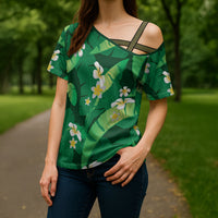 Green Banana Leaf Hawaii Cross Shoulder Shirt Lau Maia Plumeria Tropical Summer Vibes LT14 - Polynesian Pride