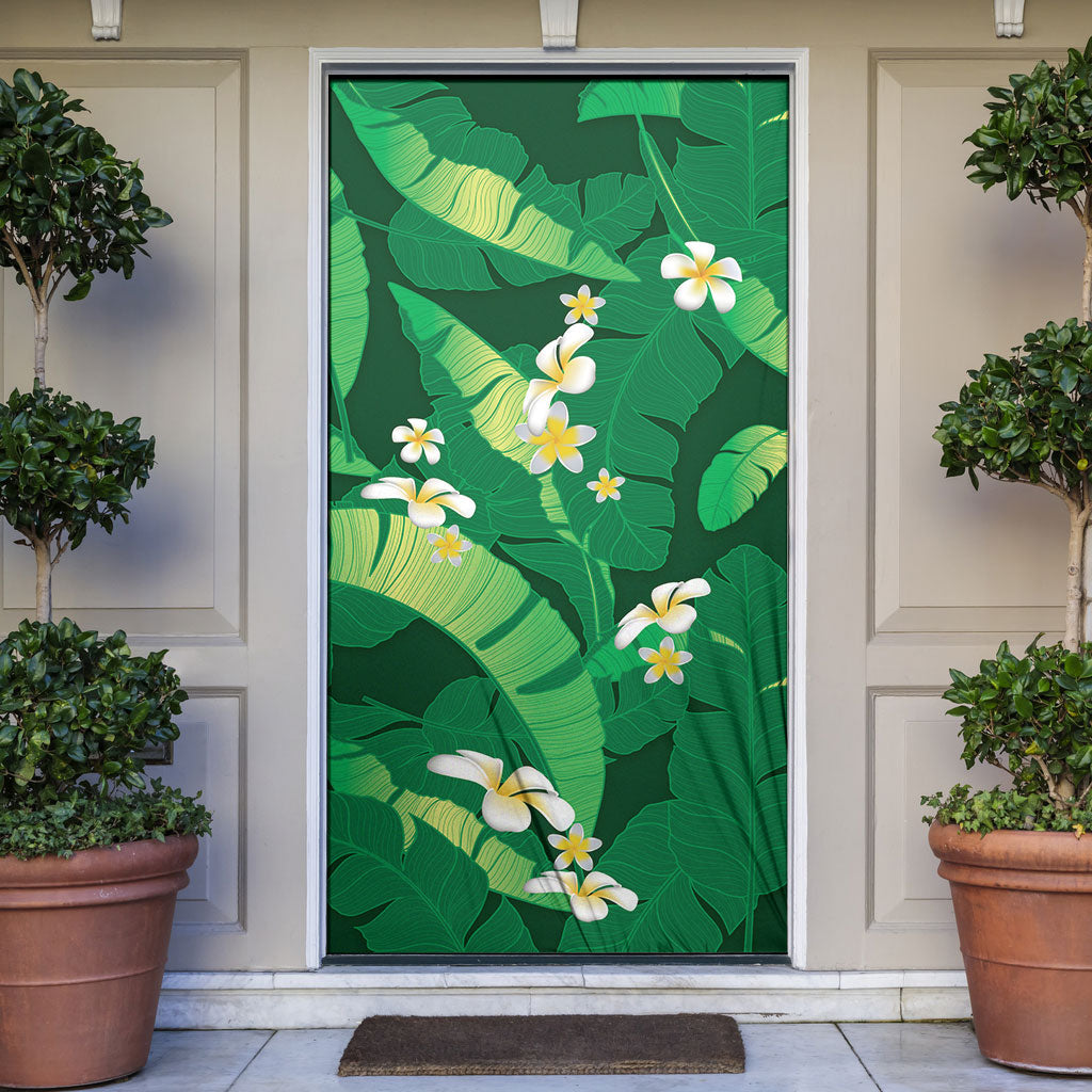 Green Banana Leaf Hawaii Door Cover Lau Maia Plumeria Tropical Summer Vibes LT14 Green - Polynesian Pride