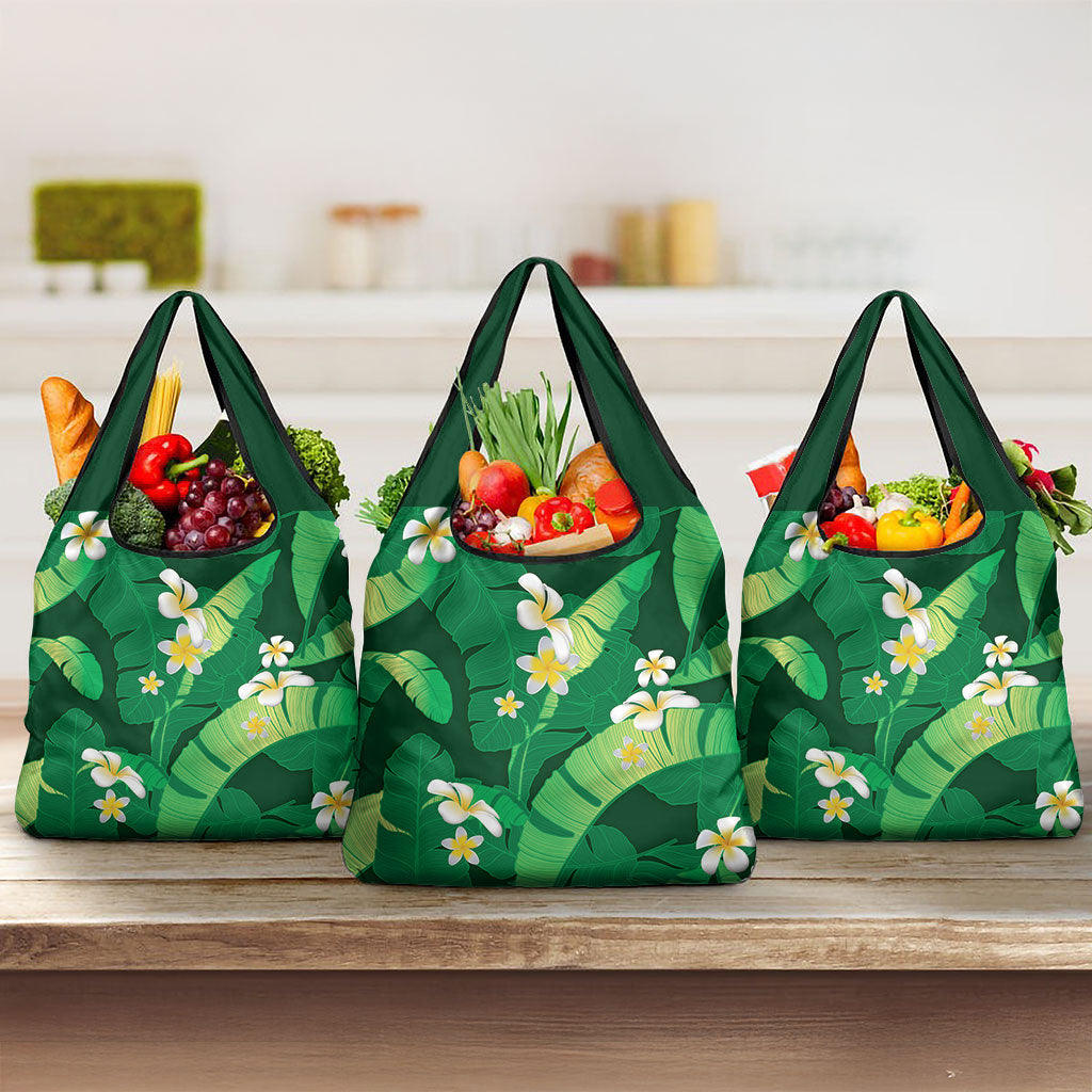 Green Banana Leaf Hawaii Grocery Bag Lau Maia Plumeria Tropical Summer Vibes LT14 3-pack One Size Green - Polynesian Pride