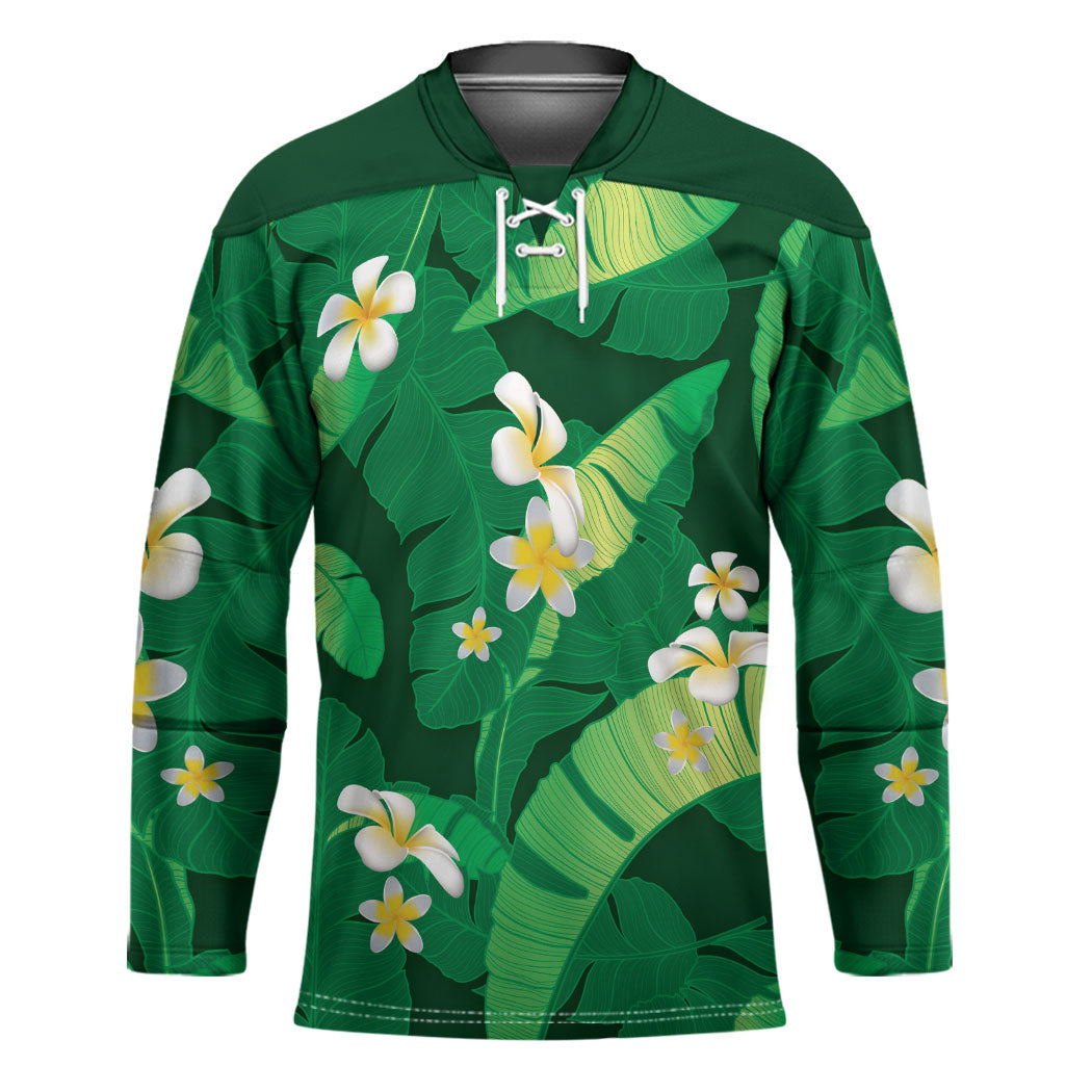 Green Banana Leaf Hawaii Hockey Jersey Lau Maia Plumeria Tropical Summer Vibes LT14 Unisex Green - Polynesian Pride
