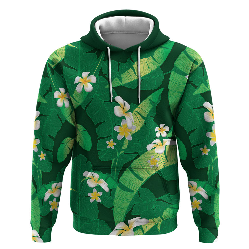 Green Banana Leaf Hawaii Hoodie Lau Maia Plumeria Tropical Summer Vibes LT14 Pullover Hoodie Green - Polynesian Pride