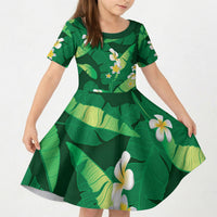 Green Banana Leaf Hawaii Kid Short Sleeve Dress Lau Maia Plumeria Tropical Summer Vibes LT14 KID Green - Polynesian Pride