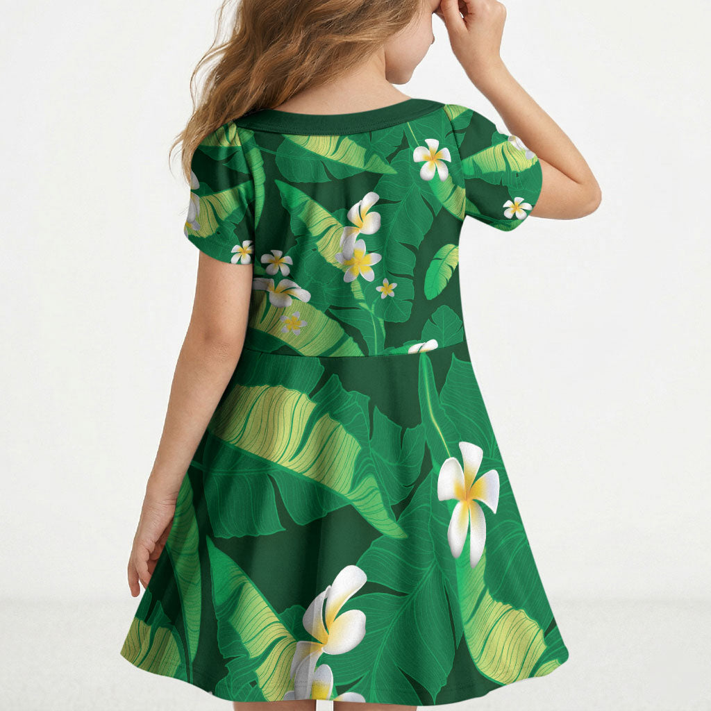Green Banana Leaf Hawaii Kid Short Sleeve Dress Lau Maia Plumeria Tropical Summer Vibes LT14 - Polynesian Pride