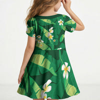 Green Banana Leaf Hawaii Kid Short Sleeve Dress Lau Maia Plumeria Tropical Summer Vibes LT14 - Polynesian Pride