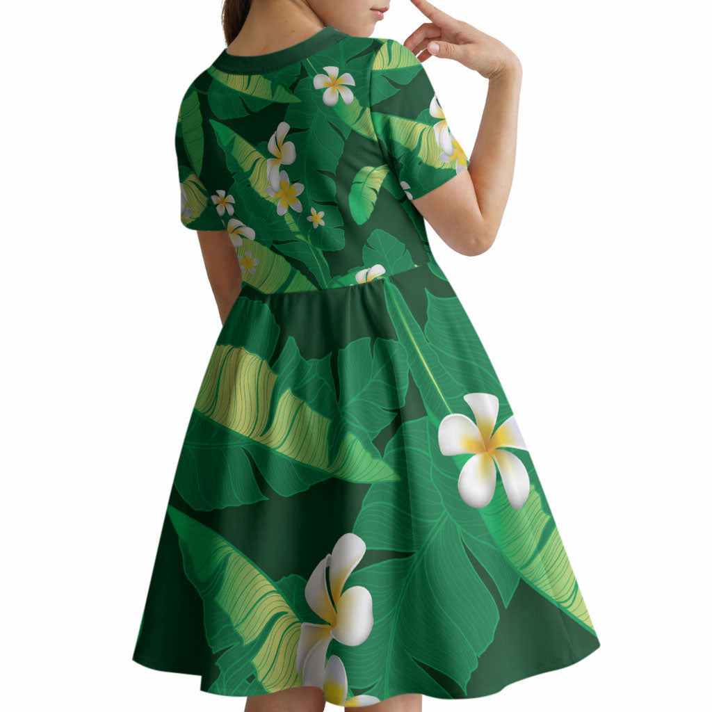 Green Banana Leaf Hawaii Kid Short Sleeve Dress Lau Maia Plumeria Tropical Summer Vibes LT14 - Polynesian Pride