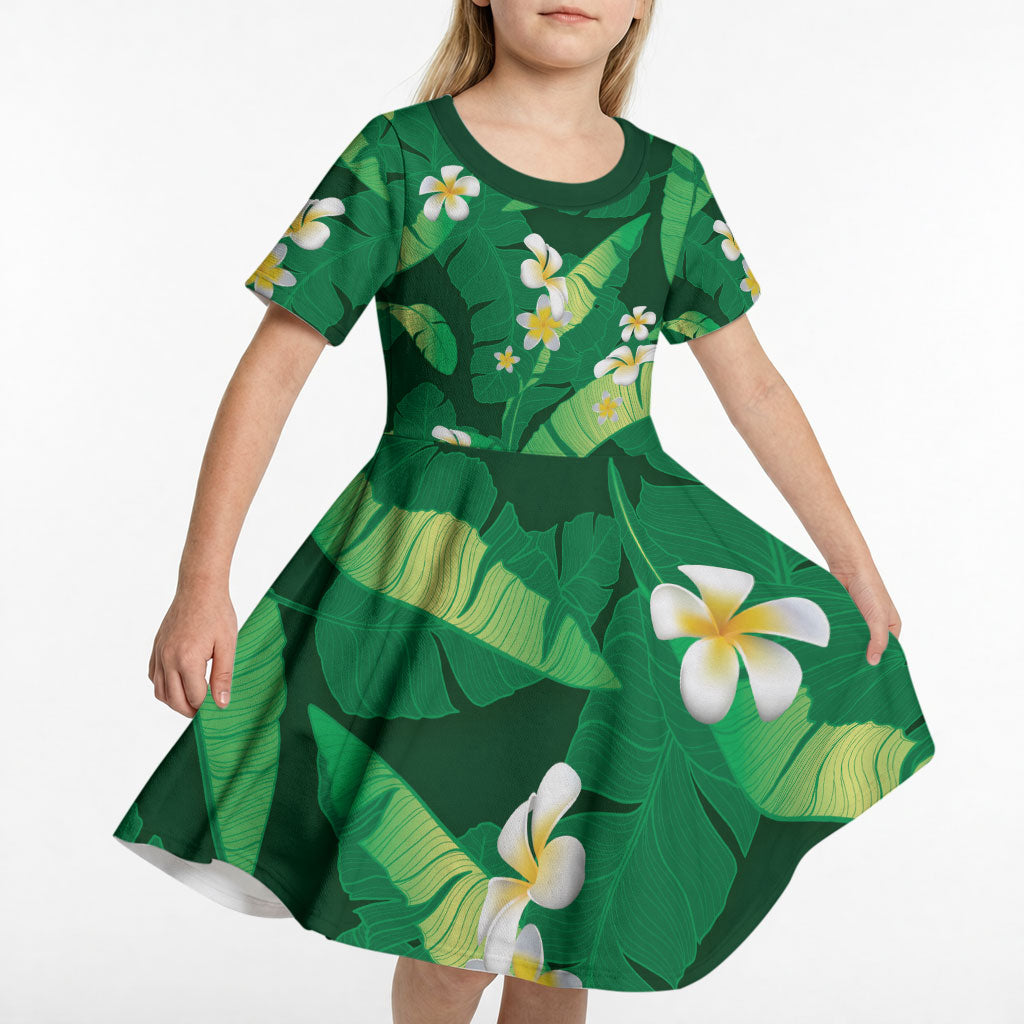 Green Banana Leaf Hawaii Kid Short Sleeve Dress Lau Maia Plumeria Tropical Summer Vibes LT14 - Polynesian Pride