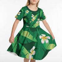 Green Banana Leaf Hawaii Kid Short Sleeve Dress Lau Maia Plumeria Tropical Summer Vibes LT14 - Polynesian Pride