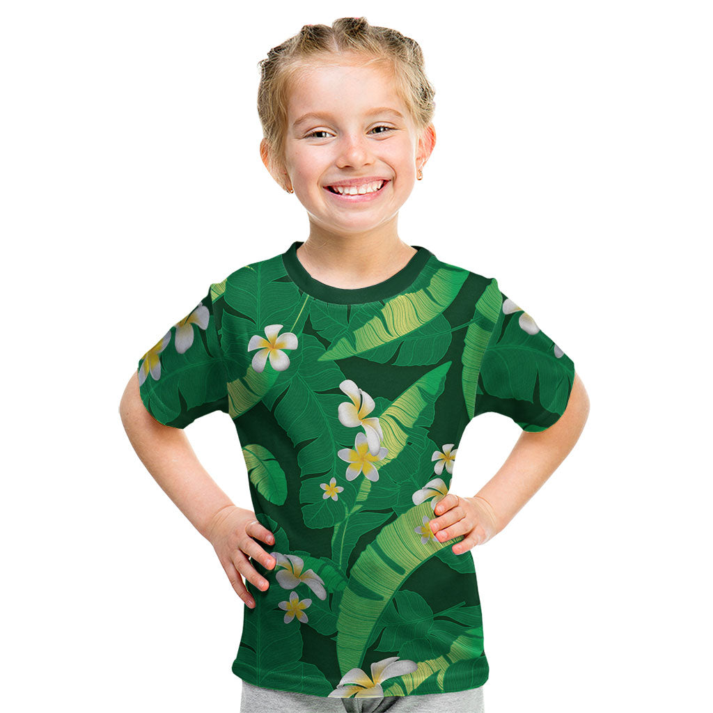 Green Banana Leaf Hawaii Kid T Shirt Lau Maia Plumeria Tropical Summer Vibes LT14 Green - Polynesian Pride