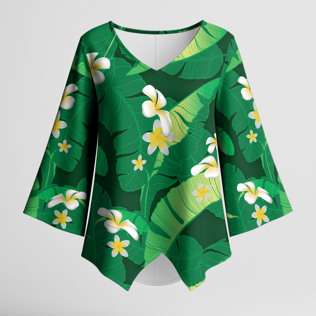 Green Banana Leaf Hawaii Kimono Sleeve Blouse Lau Maia Plumeria Tropical Summer Vibes LT14 Female Green - Polynesian Pride