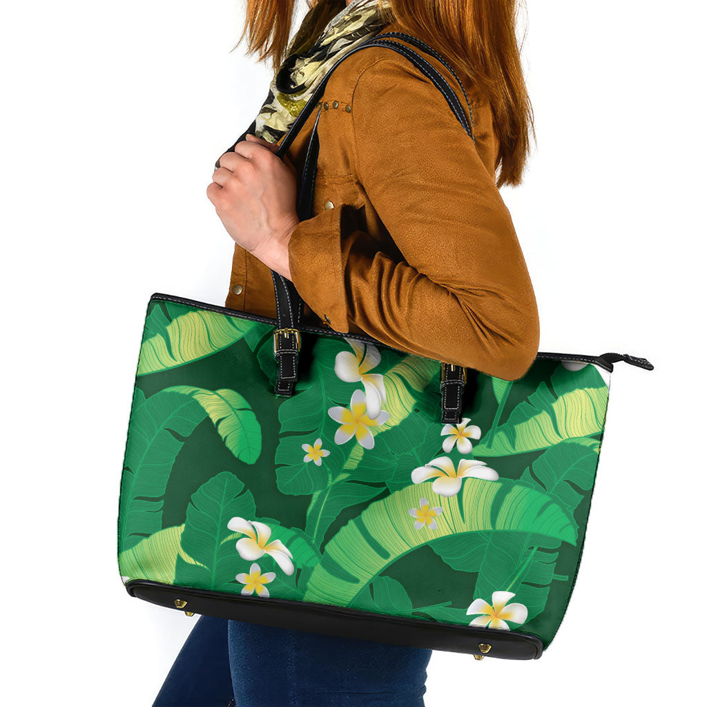 Green Banana Leaf Hawaii Leather Tote Bag Lau Maia Plumeria Tropical Summer Vibes LT14 Green - Polynesian Pride