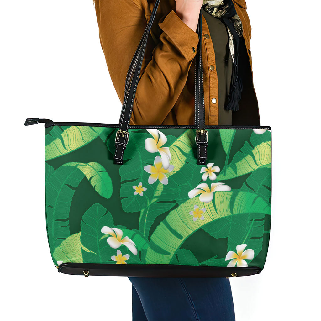 Green Banana Leaf Hawaii Leather Tote Bag Lau Maia Plumeria Tropical Summer Vibes LT14 - Polynesian Pride