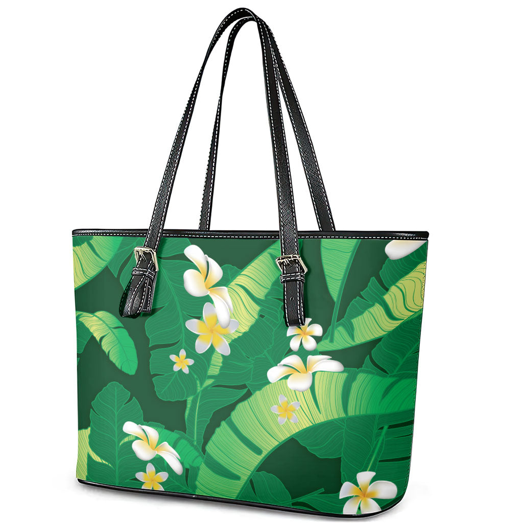 Green Banana Leaf Hawaii Leather Tote Bag Lau Maia Plumeria Tropical Summer Vibes LT14 - Polynesian Pride