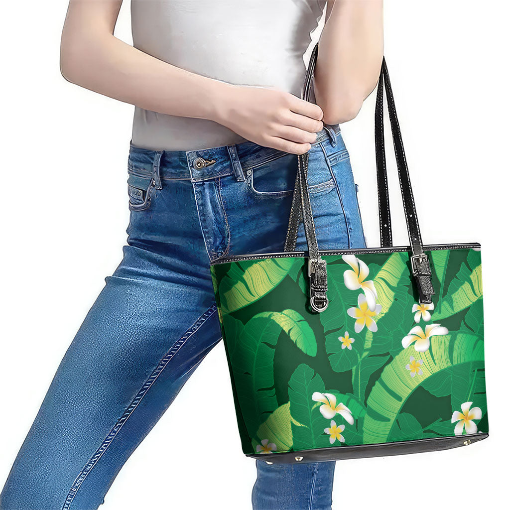Green Banana Leaf Hawaii Leather Tote Bag Lau Maia Plumeria Tropical Summer Vibes LT14 - Polynesian Pride
