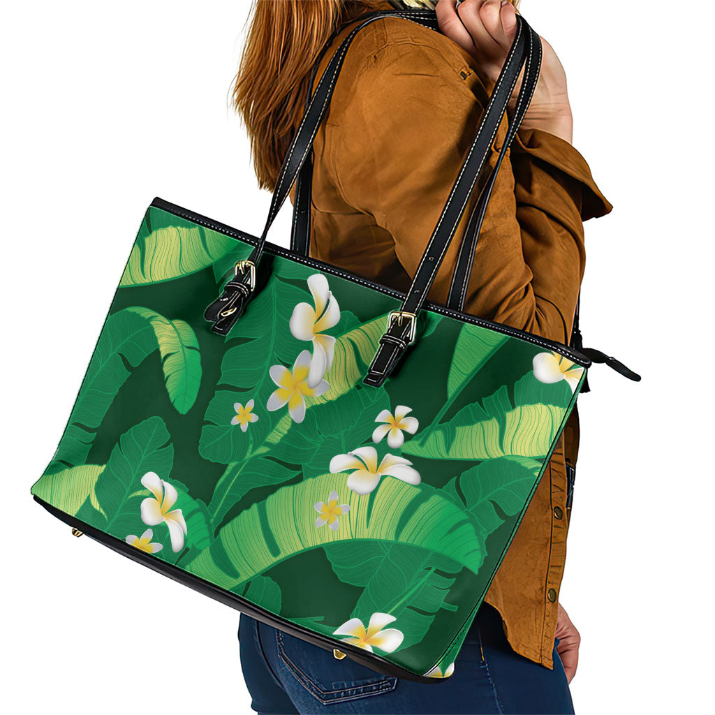 Green Banana Leaf Hawaii Leather Tote Bag Lau Maia Plumeria Tropical Summer Vibes LT14 - Polynesian Pride