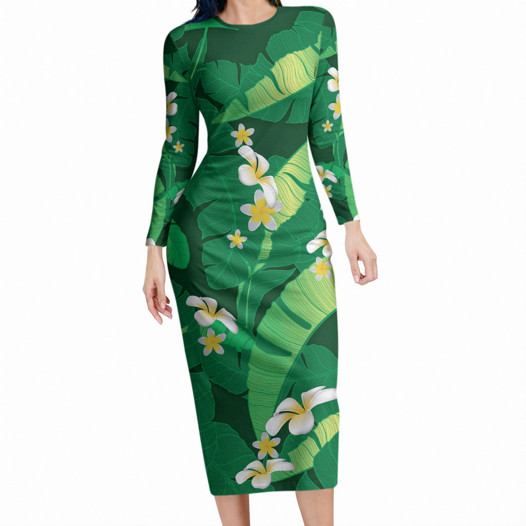 Green Banana Leaf Hawaii Long Sleeve Bodycon Dress Lau Maia Plumeria Tropical Summer Vibes LT14 Long Dress Green - Polynesian Pride