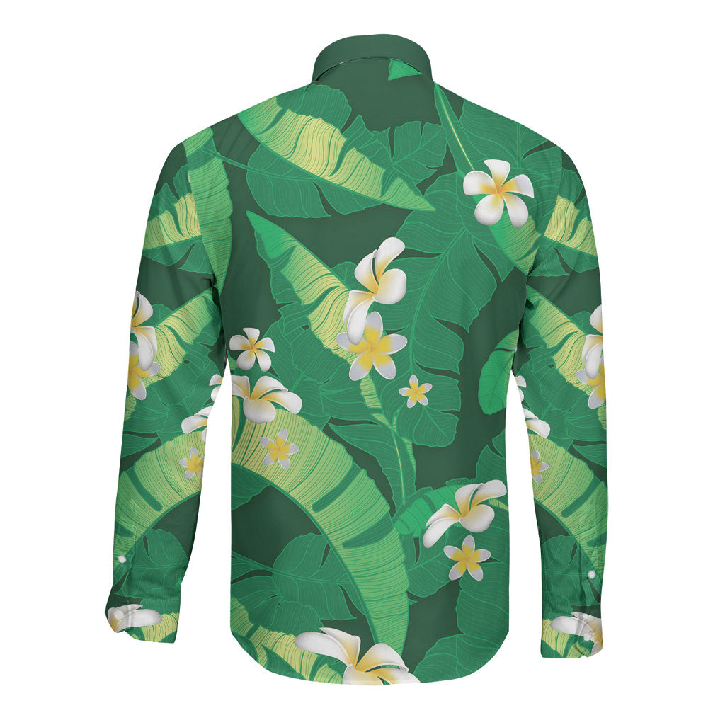Green Banana Leaf Hawaii Long Sleeve Button Shirt Lau Maia Plumeria Tropical Summer Vibes LT14 - Polynesian Pride