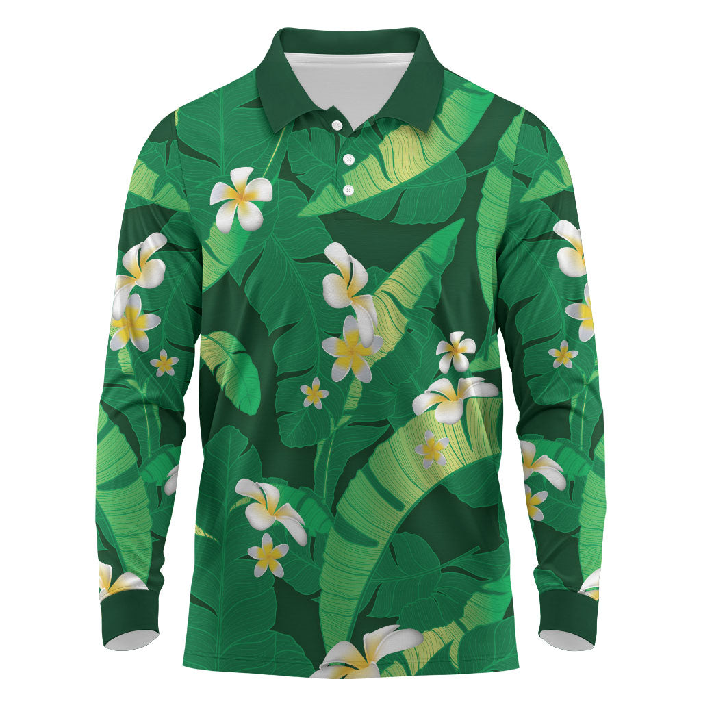 Green Banana Leaf Hawaii Long Sleeve Polo Shirt Lau Maia Plumeria Tropical Summer Vibes LT14 Green - Polynesian Pride