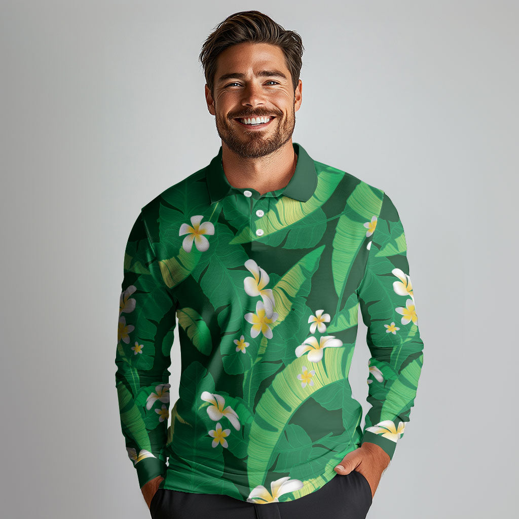 Green Banana Leaf Hawaii Long Sleeve Polo Shirt Lau Maia Plumeria Tropical Summer Vibes LT14 - Polynesian Pride