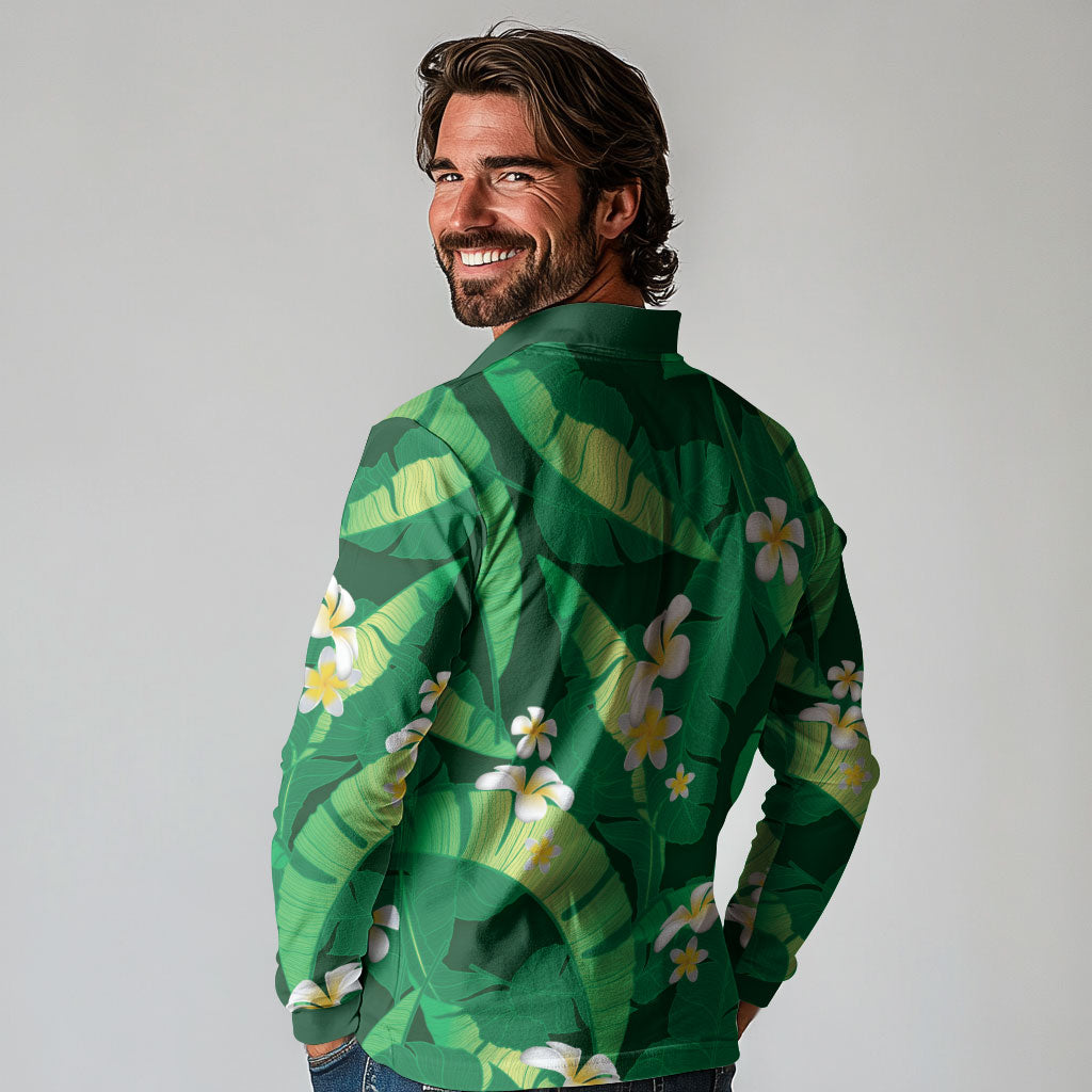 Green Banana Leaf Hawaii Long Sleeve Polo Shirt Lau Maia Plumeria Tropical Summer Vibes LT14 - Polynesian Pride