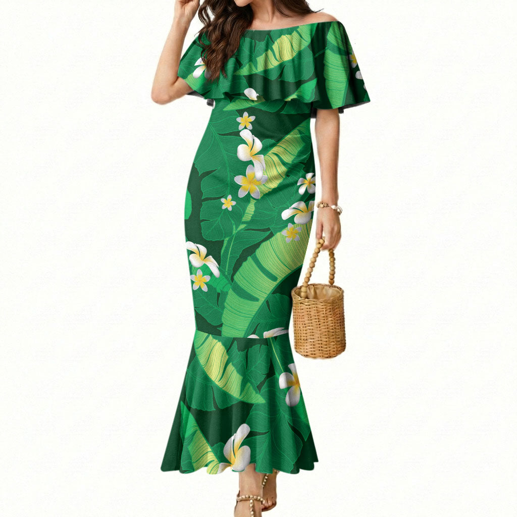 Green Banana Leaf Hawaii Mermaid Dress Lau Maia Plumeria Tropical Summer Vibes LT14 Women Green - Polynesian Pride