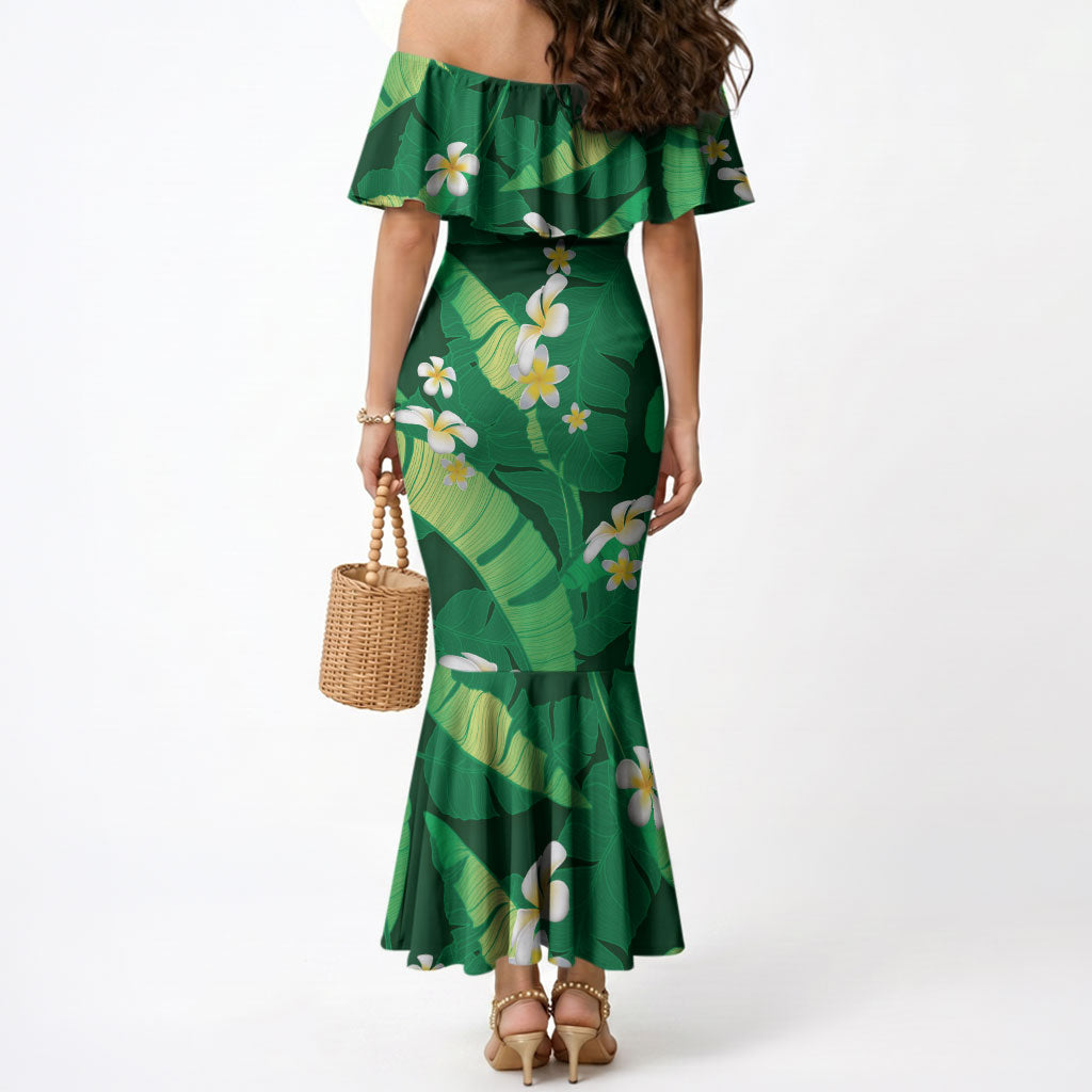 Green Banana Leaf Hawaii Mermaid Dress Lau Maia Plumeria Tropical Summer Vibes LT14 - Polynesian Pride