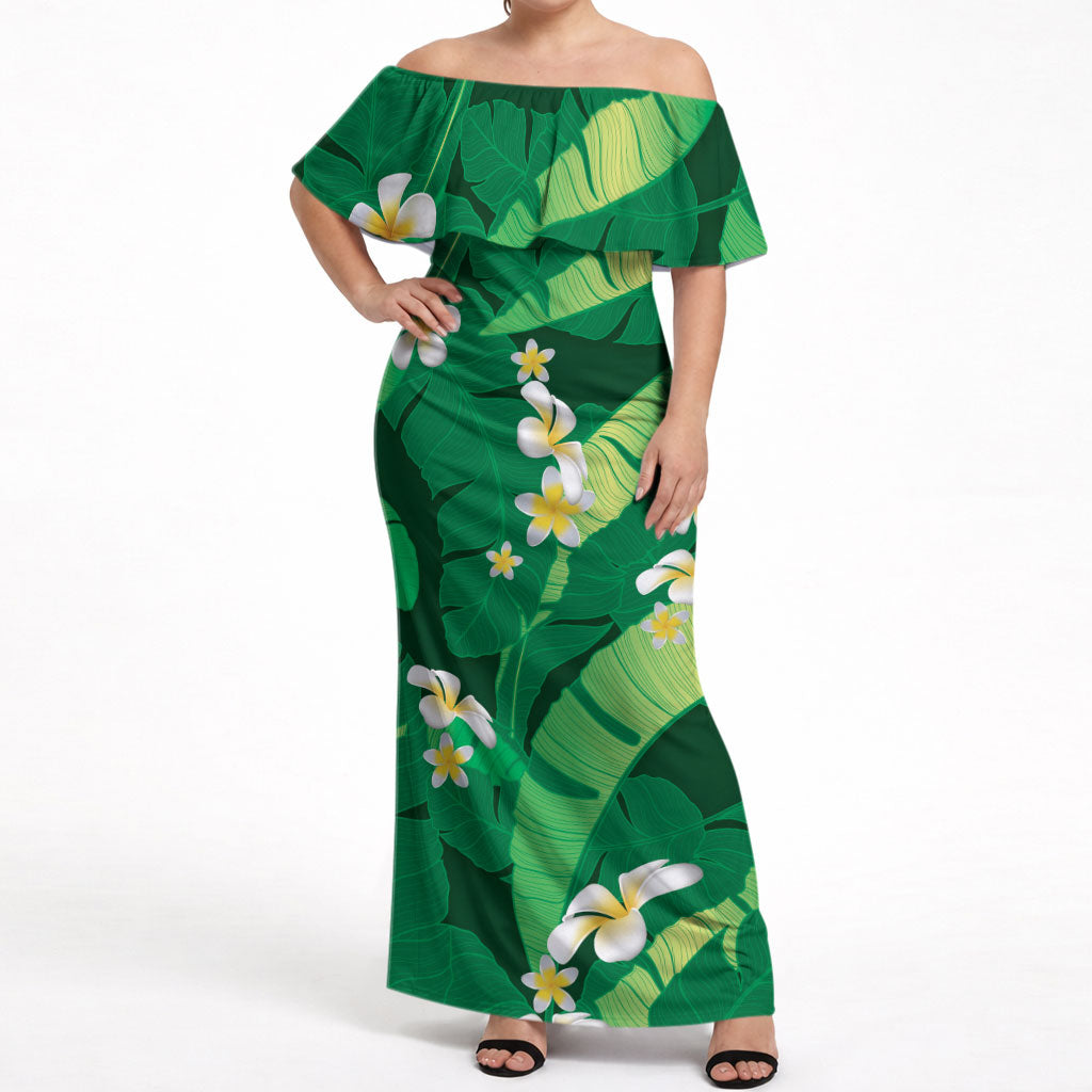 Green Banana Leaf Hawaii Off Shoulder Maxi Dress Lau Maia Plumeria Tropical Summer Vibes LT14 Women Green - Polynesian Pride