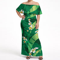 Green Banana Leaf Hawaii Off Shoulder Maxi Dress Lau Maia Plumeria Tropical Summer Vibes LT14 Women Green - Polynesian Pride