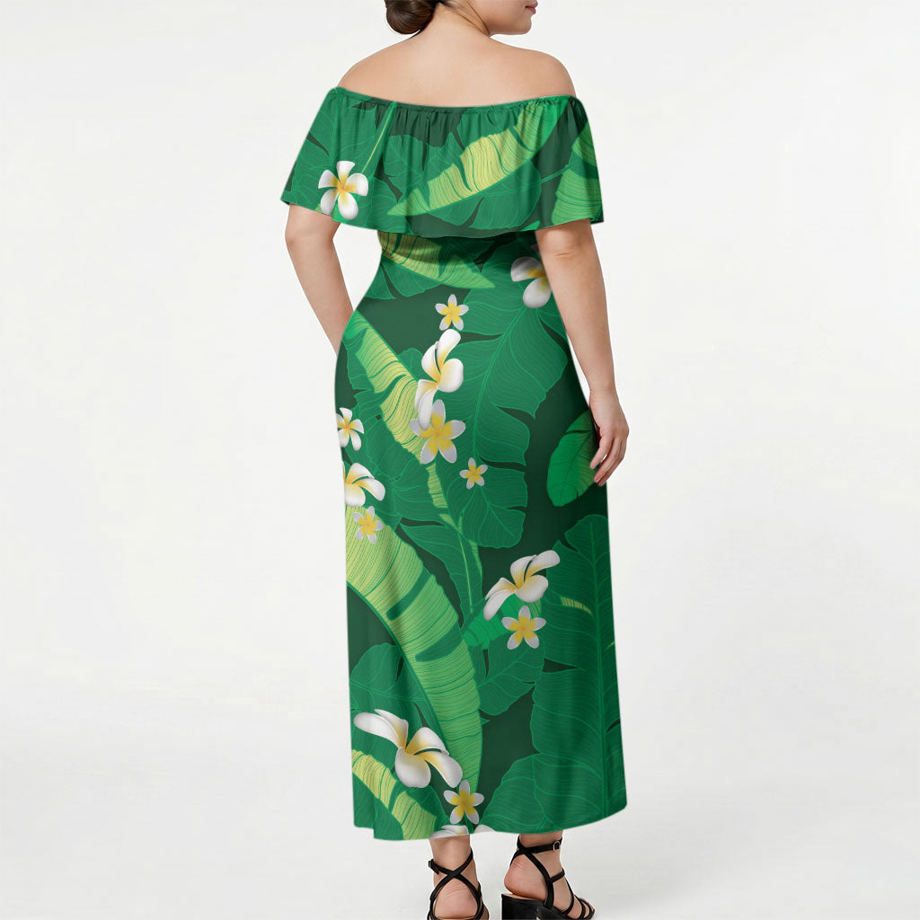 Green Banana Leaf Hawaii Off Shoulder Maxi Dress Lau Maia Plumeria Tropical Summer Vibes LT14 - Polynesian Pride