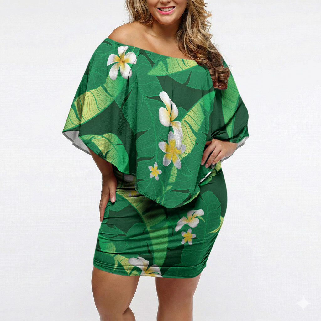 Green Banana Leaf Hawaii Off Shoulder Short Dress Lau Maia Plumeria Tropical Summer Vibes LT14 Women Green - Polynesian Pride