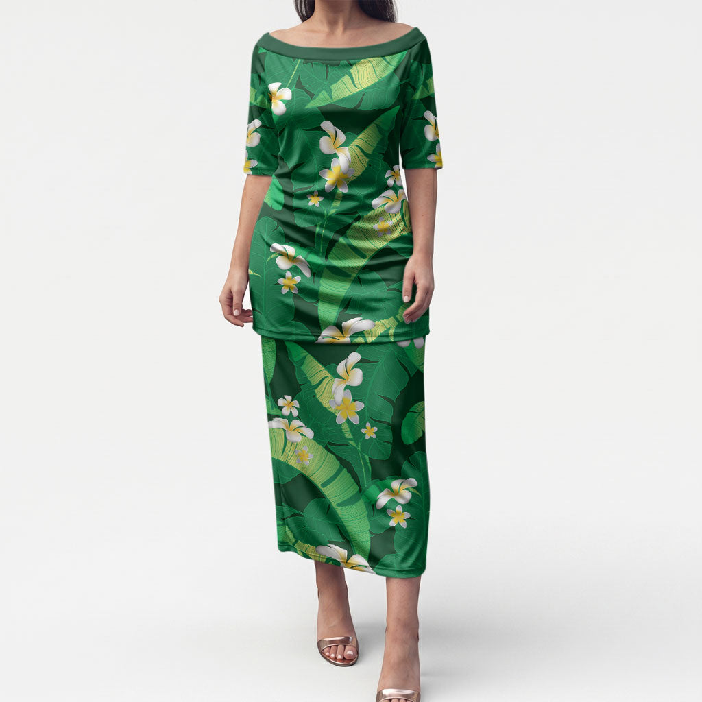 Green Banana Leaf Hawaii Puletasi Lau Maia Plumeria Tropical Summer Vibes LT14 Long Dress Green - Polynesian Pride