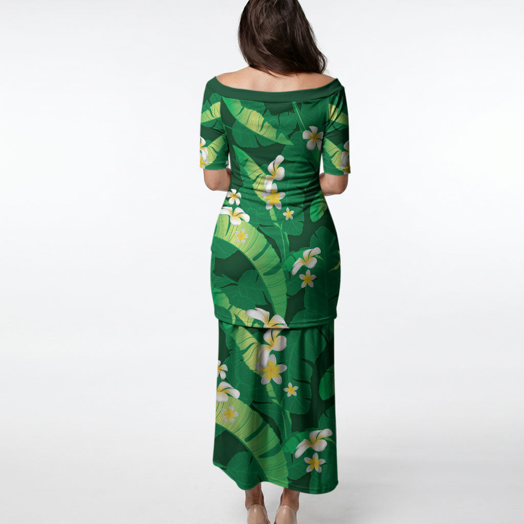 Green Banana Leaf Hawaii Puletasi Lau Maia Plumeria Tropical Summer Vibes LT14 - Polynesian Pride