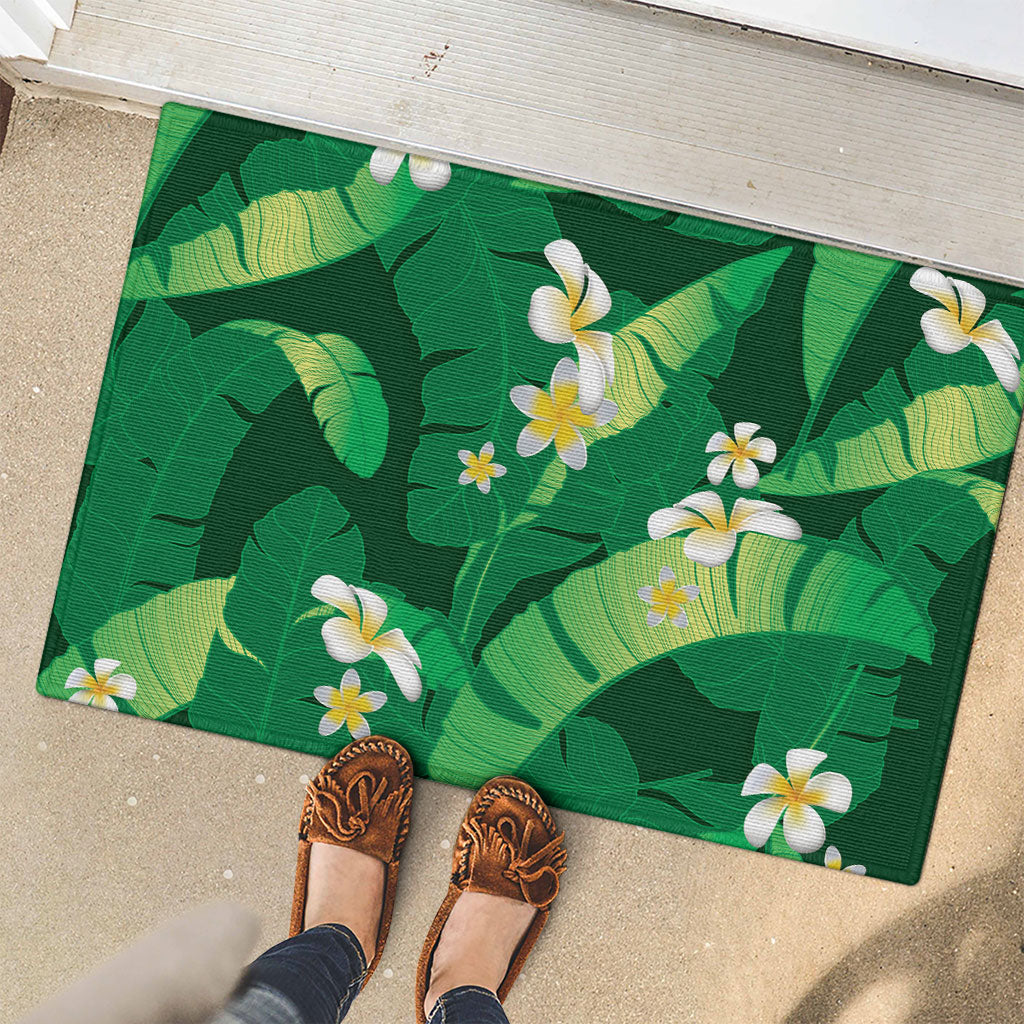 Green Banana Leaf Hawaii Rubber Doormat Lau Maia Plumeria Tropical Summer Vibes LT14 - Polynesian Pride