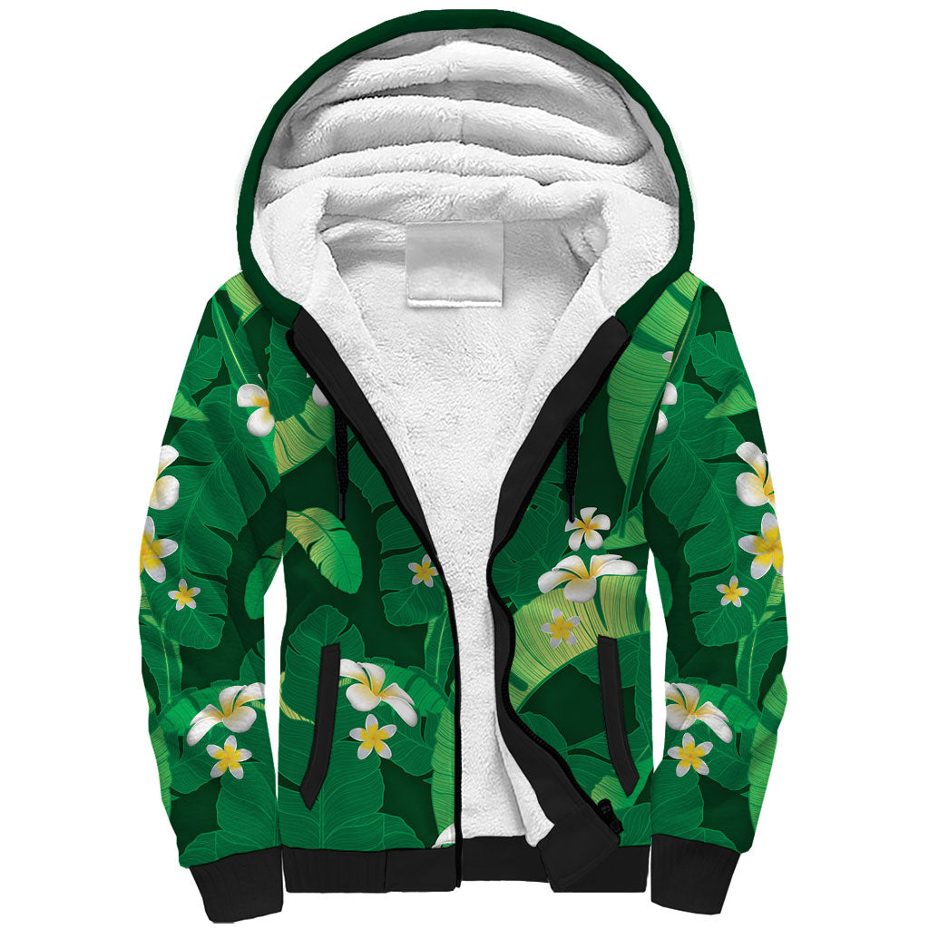 Green Banana Leaf Hawaii Sherpa Hoodie Lau Maia Plumeria Tropical Summer Vibes LT14 Unisex Green - Polynesian Pride