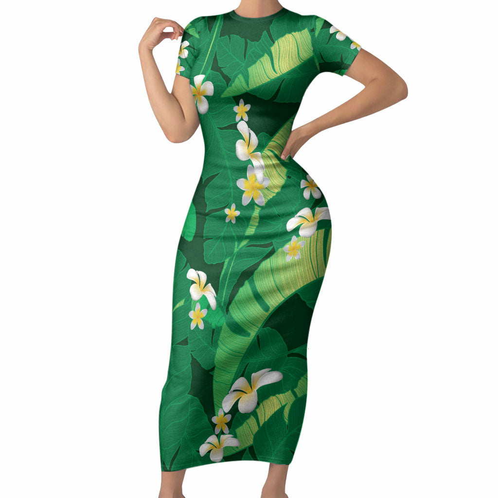 Green Banana Leaf Hawaii Short Sleeve Bodycon Dress Lau Maia Plumeria Tropical Summer Vibes LT14 Long Dress Green - Polynesian Pride