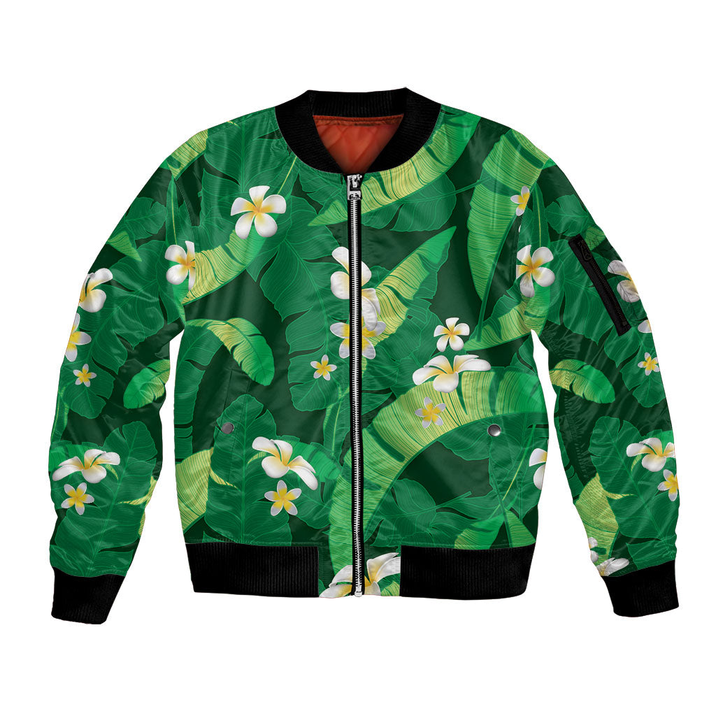 Green Banana Leaf Hawaii Sleeve Zip Bomber Jacket Lau Maia Plumeria Tropical Summer Vibes LT14 Unisex Green - Polynesian Pride