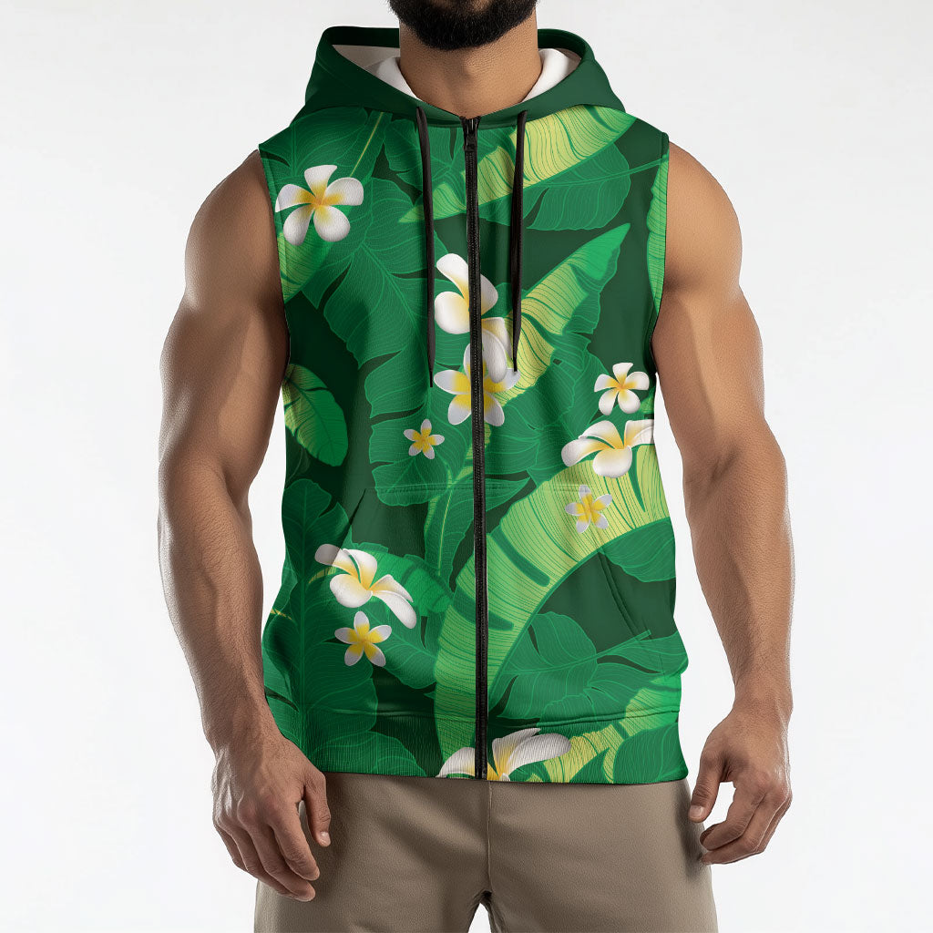 Green Banana Leaf Hawaii Sleeveless Zip Hoodie Lau Maia Plumeria Tropical Summer Vibes LT14 - Polynesian Pride