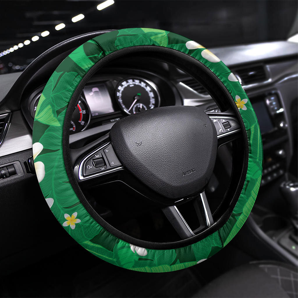 Green Banana Leaf Hawaii Steering Wheel Cover Lau Maia Plumeria Tropical Summer Vibes LT14 Universal Fit Green - Polynesian Pride