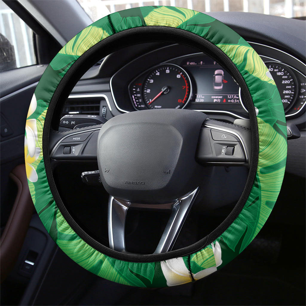 Green Banana Leaf Hawaii Steering Wheel Cover Lau Maia Plumeria Tropical Summer Vibes LT14 - Polynesian Pride